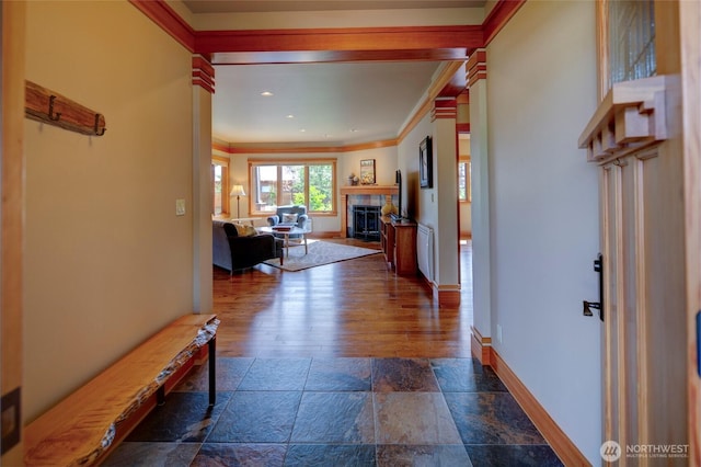 512 May St, Twisp, WA 98856 - hall with ornamental molding, stone tile flooring, and recessed lighting