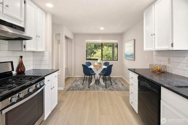 2554 174th Ave NE, Redmond, WA 98052 - kitchen featuring gas stove, black dishwasher, range hood, white cabinetry, and light wood-type flooring