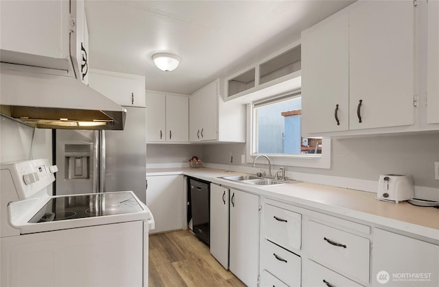 904 Cashmere St, Wenatchee, WA 98801 - kitchen featuring electric range, dishwasher, white cabinets, light countertops, and light wood-style flooring