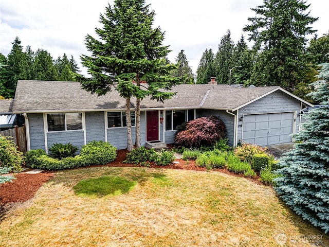 1722 172nd St SE, Bothell, WA 98012 - ranch-style house with an attached garage, a chimney, roof with shingles, and a front yard