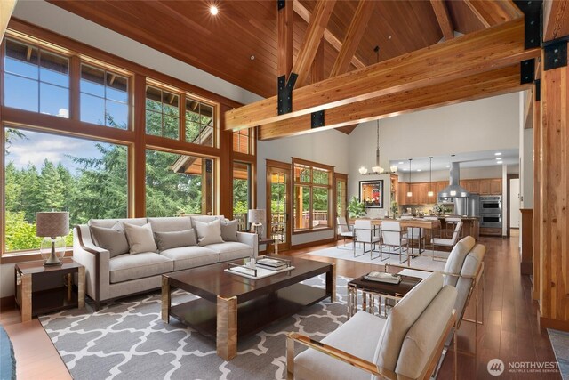 141 Just In Time Ln, Cle Elum, WA 98922 - living room featuring a wooden ceiling with exposed beams, hardwood / wood-style flooring, healthy amount of natural light, high vaulted ceiling, and a chandelier