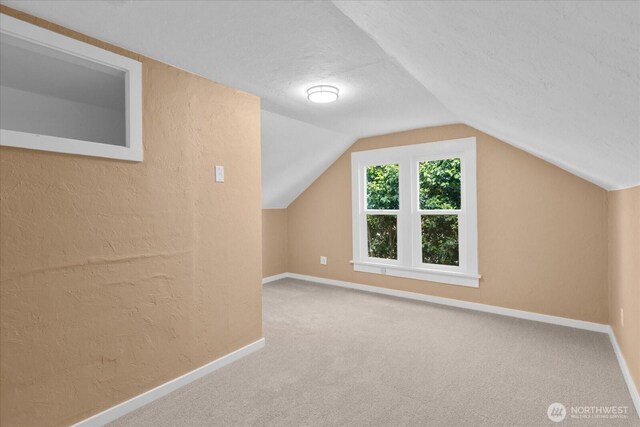 3443 21st Ave W, Seattle, WA 98199 - bonus room with carpet, lofted ceiling, a textured wall, and a textured ceiling