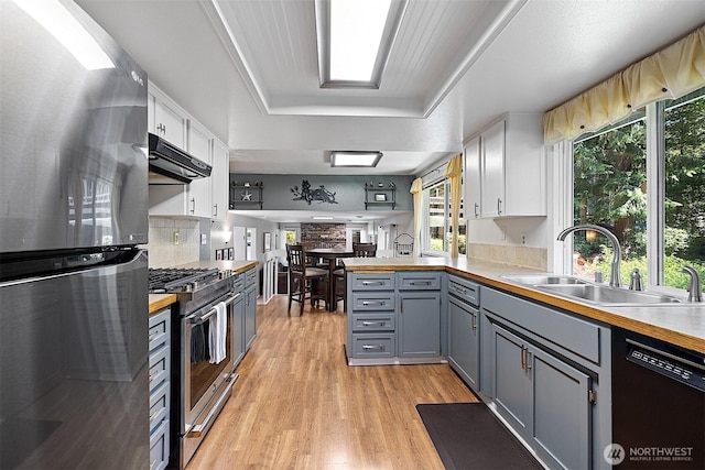 856 Island Blvd, Fox Island, WA 98333 - kitchen featuring stainless steel appliances, under cabinet range hood, gray cabinets, light wood-type flooring, and a raised ceiling