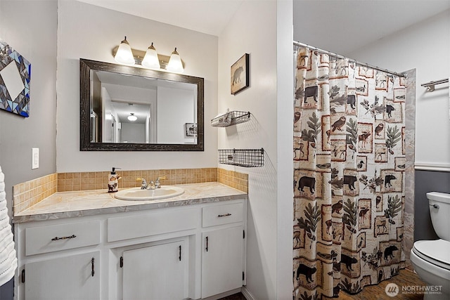 856 Island Blvd, Fox Island, WA 98333 - bathroom with vanity, decorative backsplash, and curtained shower