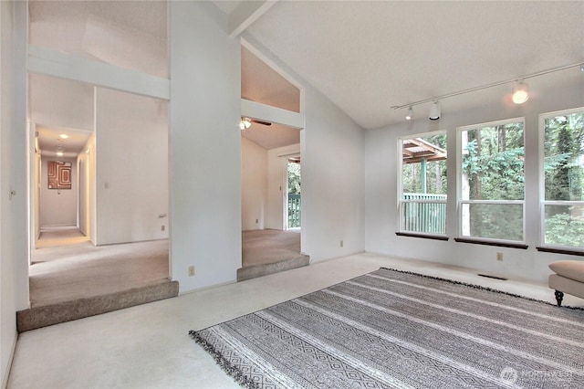 33615 30th Ave SW, Federal Way, WA 98023 - empty room featuring carpet, track lighting, a ceiling fan, and lofted ceiling