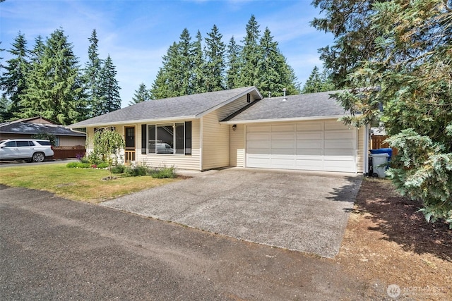 19436 SE 266th St, Covington, WA 98042 - ranch-style house featuring a garage, concrete driveway, a front lawn, and a shingled roof