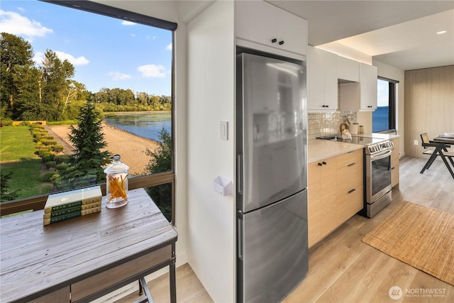 9717 NE Juanita Dr Unit 301A, Kirkland, WA 98034 - kitchen with stainless steel appliances, light countertops, backsplash, modern cabinets, and light wood-type flooring