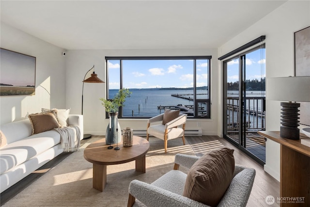 9717 NE Juanita Dr Unit 301A, Kirkland, WA 98034 - living area featuring wood finished floors, a baseboard heating unit, and a water view