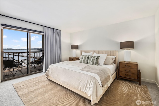 9717 NE Juanita Dr Unit 301A, Kirkland, WA 98034 - bedroom featuring carpet floors, access to outside, and a water view