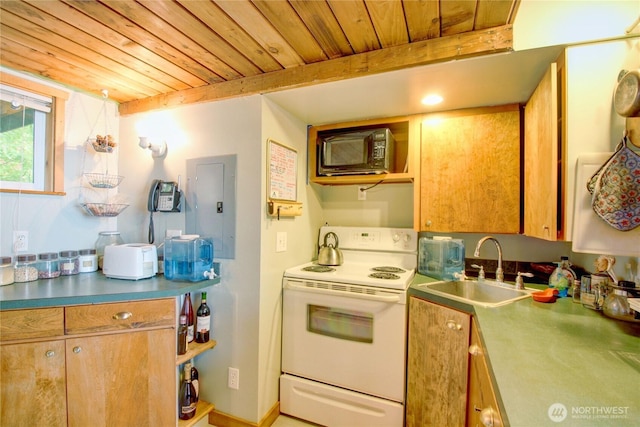 22972 Osborne Dr, Mount Vernon, WA 98274 - kitchen with white electric stove, black microwave, wood ceiling, electric panel, and brown cabinetry