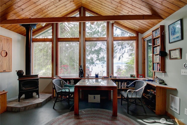 22972 Osborne Dr, Mount Vernon, WA 98274 - office featuring a wood stove and wooden ceiling
