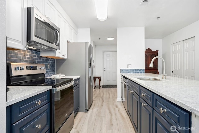 901 E Marine View Dr Unit 206, Everett, WA 98201 - kitchen with appliances with stainless steel finishes, blue cabinets, white cabinets, decorative backsplash, and light wood-type flooring