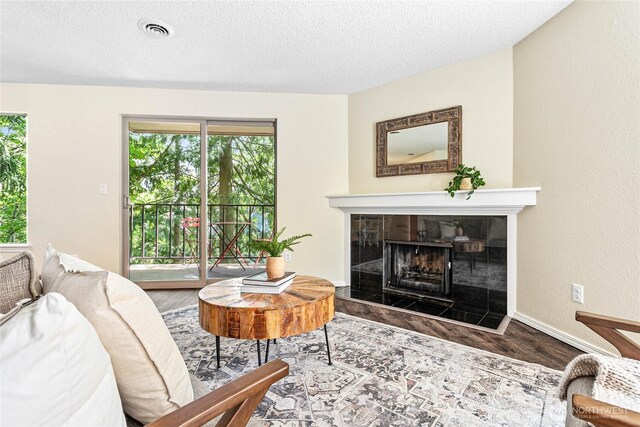 3100 Bill Mcdonald Pkwy Unit E101, Bellingham, WA 98225 - living room featuring wood finished floors, a textured ceiling, plenty of natural light, and a tile fireplace