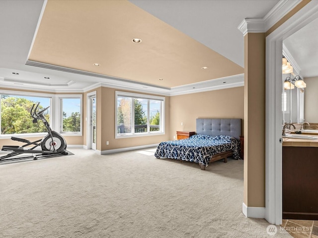 2135 204th Pl NE, Sammamish, WA 98074 - bedroom featuring ornamental molding, carpet, a tray ceiling, and recessed lighting