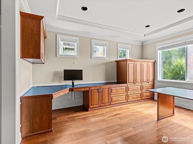 2135 204th Pl NE, Sammamish, WA 98074 - unfurnished office with light wood-style flooring, a raised ceiling, built in desk, and ornamental molding
