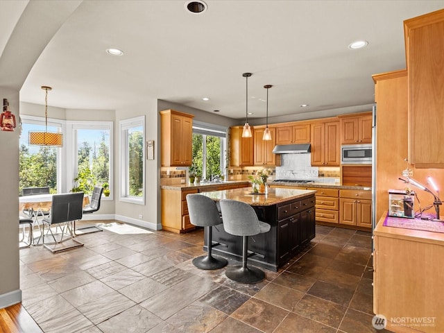 2135 204th Pl NE, Sammamish, WA 98074 - kitchen featuring stainless steel appliances, a kitchen island, decorative backsplash, under cabinet range hood, and recessed lighting