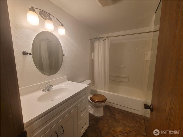 33010 17th Pl S Unit A-108, Federal Way, WA 98003 - bathroom with vanity, tile patterned flooring, shower / bath combination with curtain, and a textured wall