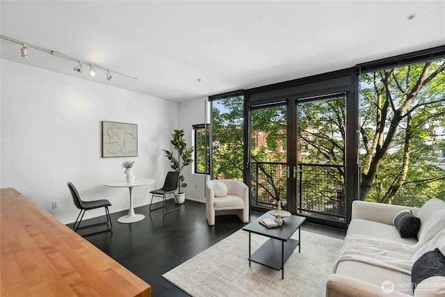 1111 E Pike St Unit 302, Seattle, WA 98122 - living area featuring healthy amount of natural light, wood finished floors, floor to ceiling windows, and rail lighting