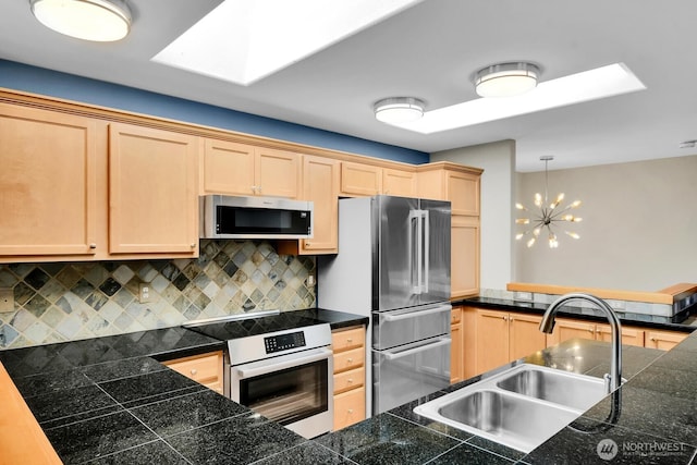 4138 21st Ave SW, Seattle, WA 98106 - kitchen with appliances with stainless steel finishes, backsplash, tile counters, light brown cabinetry, and a peninsula