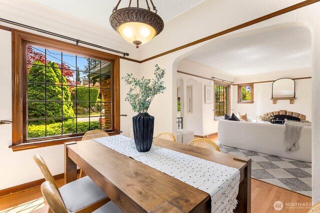 1214 NE 98th St, Seattle, WA 98115 - dining space featuring arched walkways, light wood-type flooring, and plenty of natural light