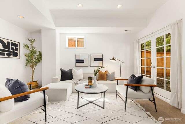 1214 NE 98th St, Seattle, WA 98115 - carpeted living room featuring french doors and recessed lighting