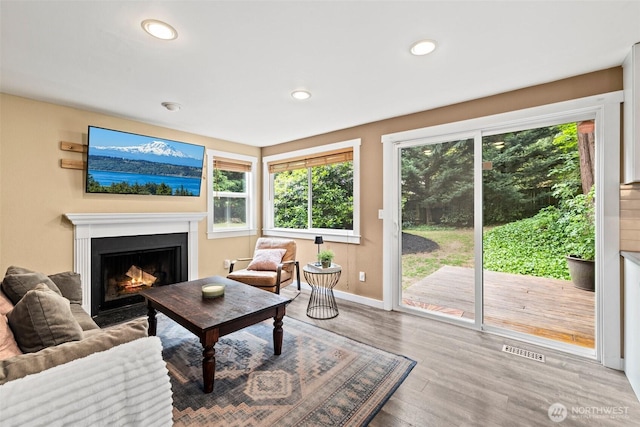 17627 17th Dr SE, Bothell, WA 98012 - living area with healthy amount of natural light, a fireplace with flush hearth, wood finished floors, and recessed lighting