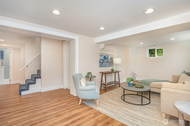 515 N 122nd St, Seattle, WA 98133 - living area featuring light wood-style flooring, stairs, and recessed lighting