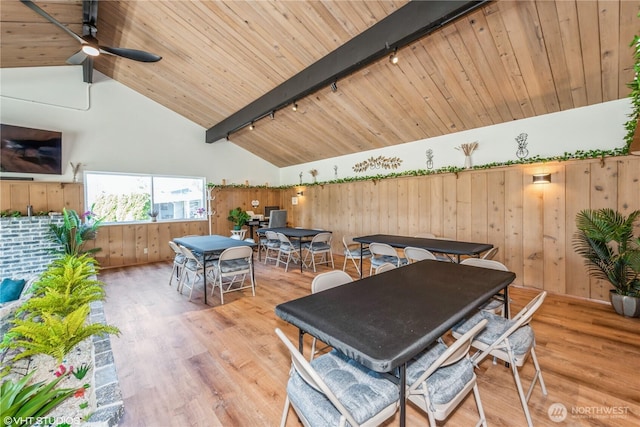 18501 52nd Ave W Unit 31, Lynnwood, WA 98037 - dining area with rail lighting, wood finished floors, ceiling fan, wood ceiling, and wood walls
