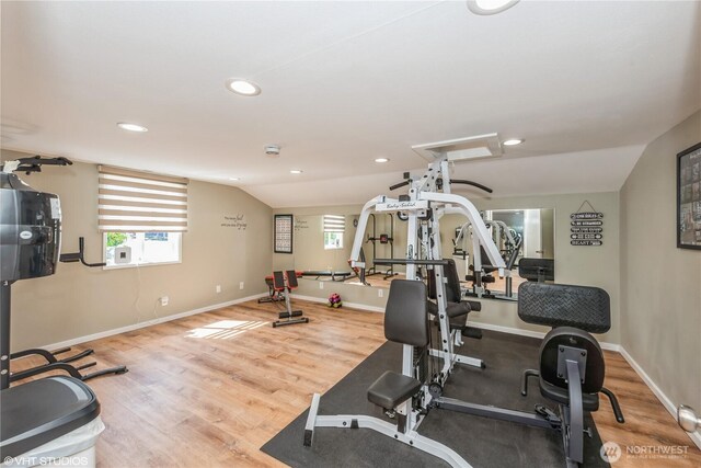 18501 52nd Ave W Unit 31, Lynnwood, WA 98037 - workout room with wood finished floors, recessed lighting, and lofted ceiling