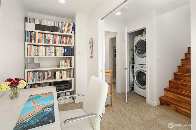 2808 14th Ave W Unit B, Seattle, WA 98119 - laundry room featuring stacked washer / drying machine, carpet, and recessed lighting