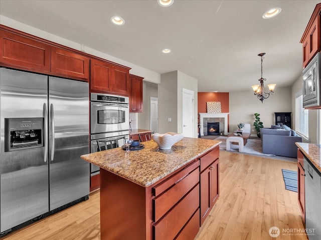 4021 220th St SE, Bothell, WA 98021 - kitchen with stainless steel appliances, a glass covered fireplace, open floor plan, light wood-type flooring, and light stone countertops
