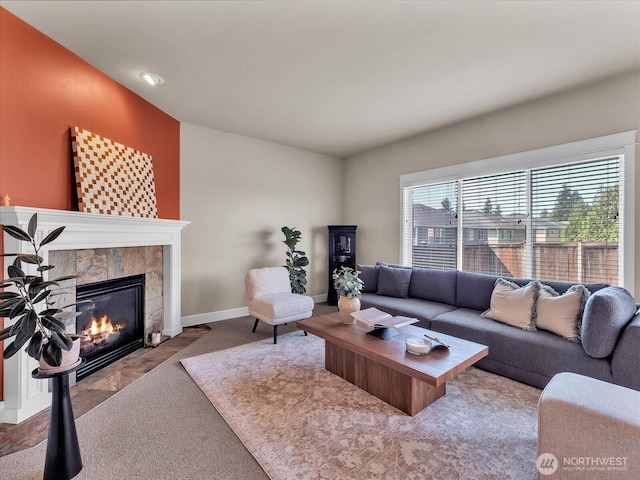 4021 220th St SE, Bothell, WA 98021 - carpeted living area with a tiled fireplace and recessed lighting