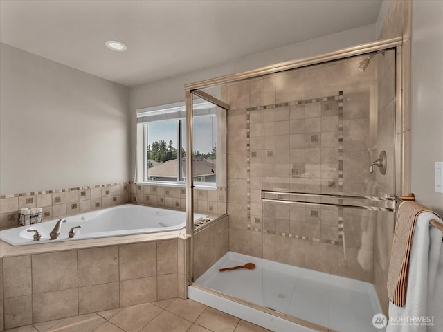 4021 220th St SE, Bothell, WA 98021 - bathroom with a shower stall, a bath, tile patterned floors, and recessed lighting