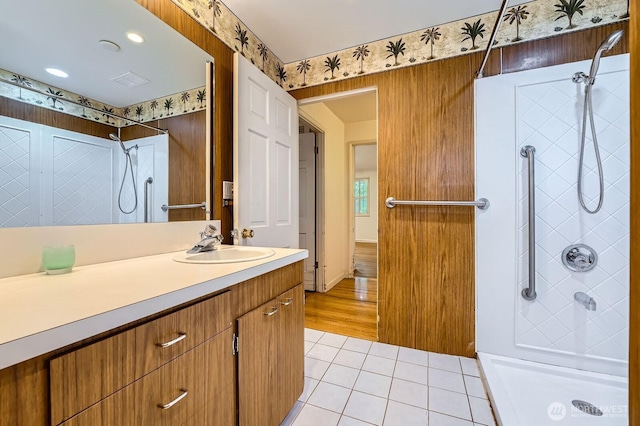 3706 84th Ave SE, Mercer Island, WA 98040 - full bathroom featuring a shower, tile patterned floors, and vanity