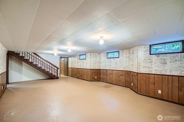 3706 84th Ave SE, Mercer Island, WA 98040 - basement featuring wood walls, wainscoting, and stairway