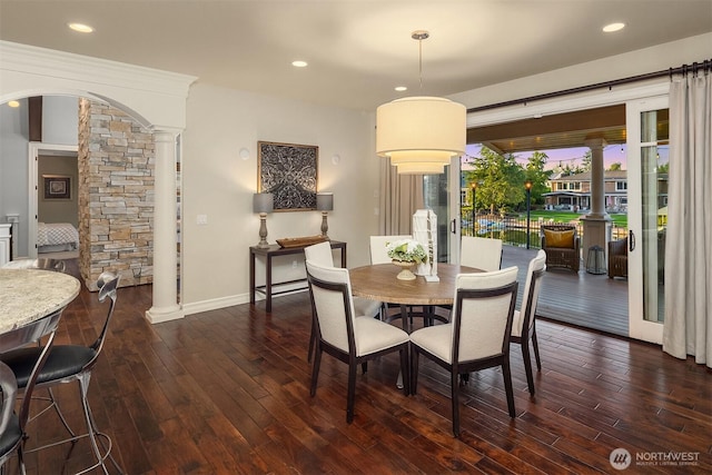 67 Cascade Ky, Bellevue, WA 98006 - dining area with ornate columns, hardwood / wood-style flooring, and recessed lighting