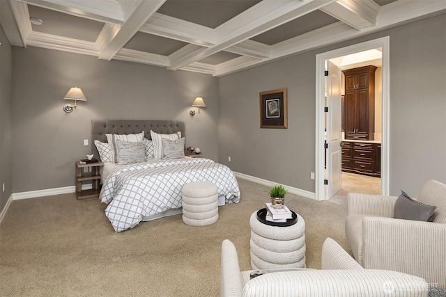 67 Cascade Ky, Bellevue, WA 98006 - bedroom with carpet flooring, coffered ceiling, beam ceiling, crown molding, and ensuite bathroom