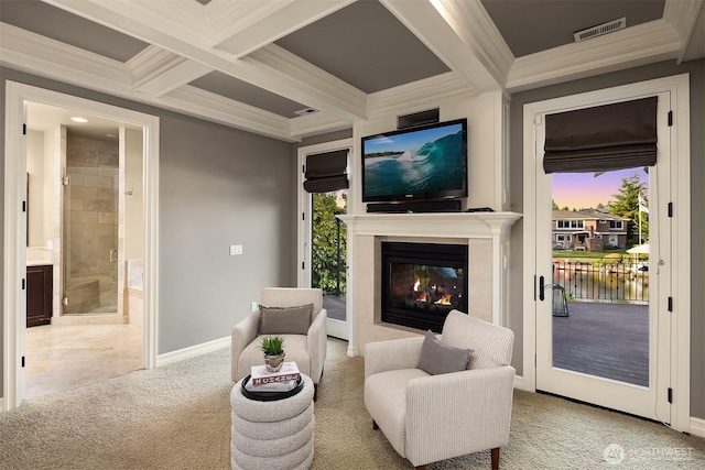 67 Cascade Ky, Bellevue, WA 98006 - living area featuring carpet floors, beam ceiling, a premium fireplace, ornamental molding, and coffered ceiling
