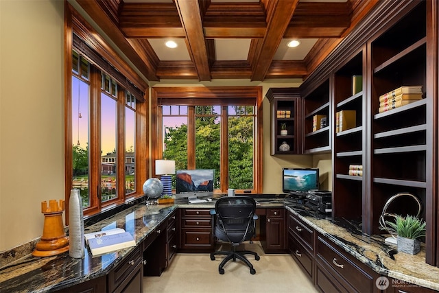 67 Cascade Ky, Bellevue, WA 98006 - home office with built in study area, beam ceiling, coffered ceiling, light colored carpet, and crown molding