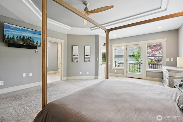 4706 NE 137th St NE, Vancouver, WA 98686 - bedroom featuring access to exterior, light colored carpet, a tray ceiling, recessed lighting, and ceiling fan