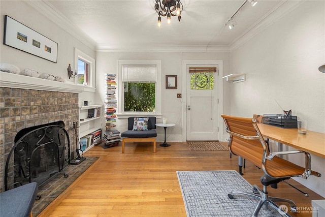 4228 1st Ave NE, Seattle, WA 98105 - office space featuring plenty of natural light, wood finished floors, crown molding, a brick fireplace, and track lighting