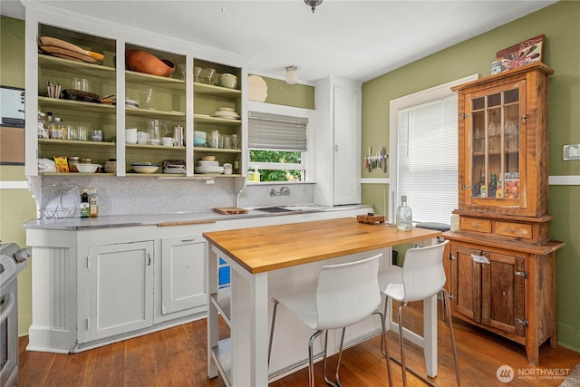 4228 1st Ave NE, Seattle, WA 98105 - kitchen featuring wood counters, open shelves, decorative backsplash, and dark wood-style floors