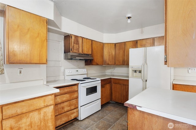832 S 2nd Ave, Othello, WA 99344 - kitchen with white appliances, under cabinet range hood, brown cabinetry, light countertops, and stone finish floors