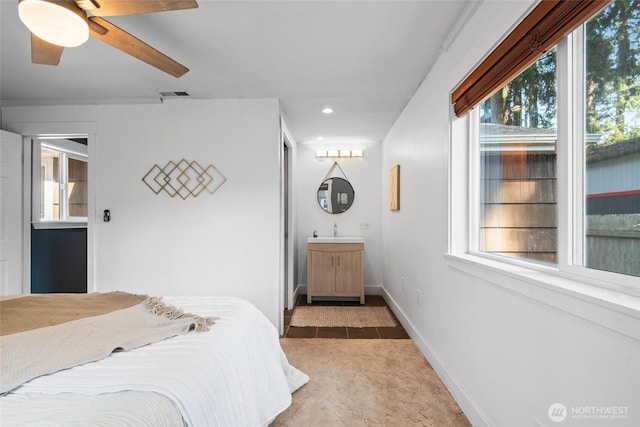 19515 7th Ave NE, Shoreline, WA 98155 - bedroom featuring light carpet, recessed lighting, ensuite bathroom, and ceiling fan