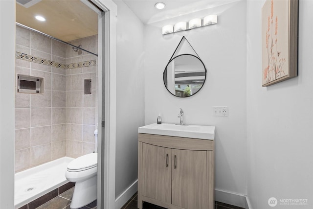 19515 7th Ave NE, Shoreline, WA 98155 - full bathroom with vanity, a tile shower, recessed lighting, and tile patterned flooring