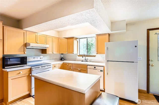 8605 244th St SW Unit 3F, Edmonds, WA 98026 - kitchen with white appliances, under cabinet range hood, light wood finished floors, light countertops, and a textured ceiling