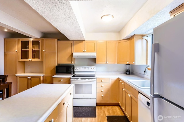 8605 244th St SW Unit 3F, Edmonds, WA 98026 - kitchen featuring white appliances, under cabinet range hood, light countertops, light wood-style floors, and glass insert cabinets