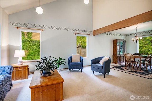 1117 W Racine St, Bellingham, WA 98229 - living area featuring carpet, a chandelier, plenty of natural light, and high vaulted ceiling