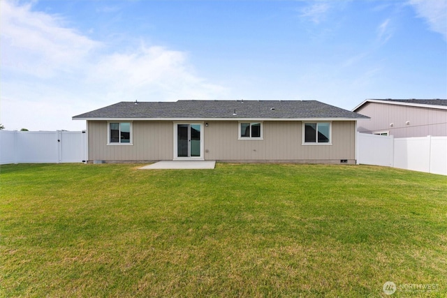 1325 W Polo Ridge Dr, Moses Lake, WA 98837 - back of house with a patio, a fenced backyard, crawl space, and a shingled roof