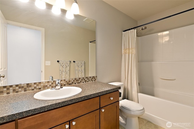 6672 Udall Pl SE, Auburn, WA 98092 - full bathroom with vanity, shower / bath combo with shower curtain, backsplash, and tile patterned flooring